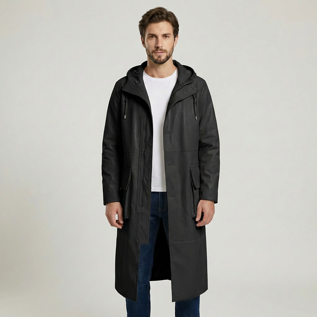 Lachlan | Long Leather Style Men’s Coat for Elevated Wear