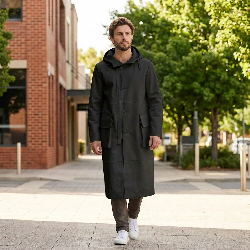 Lachlan | Long Leather Style Men’s Coat for Elevated Wear