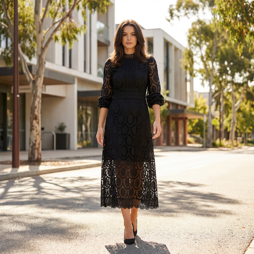 Isolde | Lace Accent Midi Dress for Wedding Guests